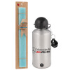 Easter Set, metallic silver aluminum water bottle (500ml) & scented flat Easter candle (30cm) (TURQUOISE)