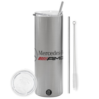 AMG Mercedes, Eco friendly ποτήρι θερμό Ασημένιο (tumbler) από ανοξείδωτο ατσάλι 600ml, με μεταλλικό καλαμάκι & βούρτσα καθαρισμού