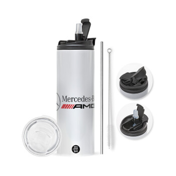 AMG Mercedes, Travel Tumbler θερμό με διπλό καπάκι, μεταλλικό καλαμάκι και βούρτσα καθαρισμού (Ανωξείδωτο 304 Food grade, BPA free, 600ml)