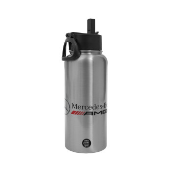 AMG Mercedes, Metal mug thermo Silver with Straw and Spout Lid (Stainless steel), double wall, 950ml