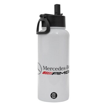 AMG Mercedes, Metal mug thermo White with Straw and Spout Lid (Stainless steel), double wall, 950ml