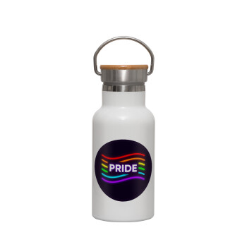 Pride , Metallic thermos (Stainless steel) White with wooden lid (bamboo), double-walled, 350ml