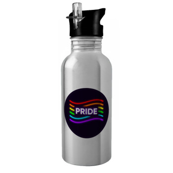 Pride , Water bottle Silver with straw, stainless steel 600ml