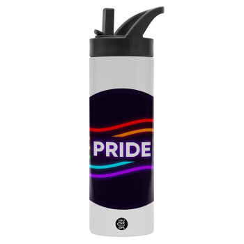 Pride , Metallic thermos bottle with straw & handle, stainless steel (Stainless steel 304), double-walled, 600ml.