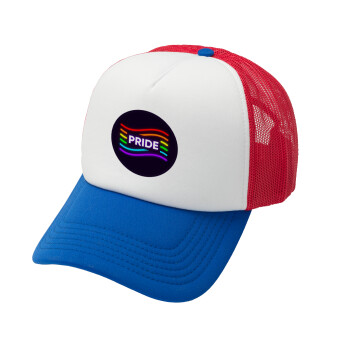 Pride , Adult Soft Trucker Hat with Red/Blue/White Mesh (POLYESTER, ADULT, UNISEX, ONE SIZE)