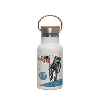 The first man on the moon, Metallic thermos (Stainless steel) White with wooden lid (bamboo), double-walled, 350ml