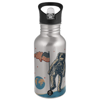 The first man on the moon, Water bottle Silver with straw, stainless steel 500ml