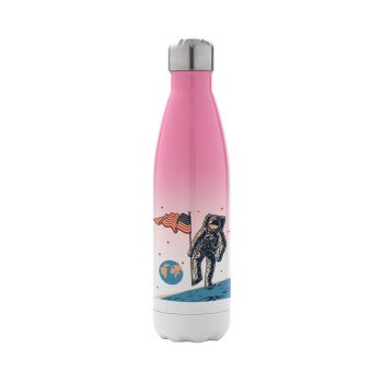 The first man on the moon, Metal mug thermos Pink/White (Stainless steel), double wall, 500ml