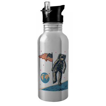 The first man on the moon, Water bottle Silver with straw, stainless steel 600ml