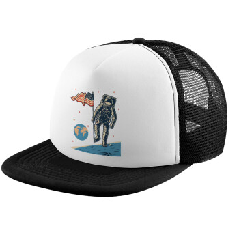 The first man on the moon, Child's Soft Trucker Hat with BLACK/WHITE Mesh (POLYESTER, CHILD, ONE SIZE)