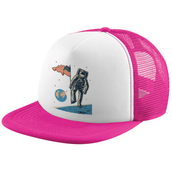 The first man on the moon, Καπέλο παιδικό Soft Trucker με Δίχτυ ΡΟΖ/ΛΕΥΚΟ (POLYESTER, ΠΑΙΔΙΚΟ, ONE SIZE)