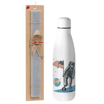 The first man on the moon, Easter Set, metallic Inox water bottle (700ml) & Easter scented flat candle (30cm) (GRAY)