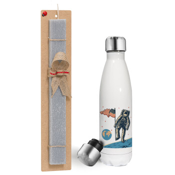 The first man on the moon, Easter candle, metallic white thermos bottle (500ml) & aromatic flat candle (30cm) (GRAY)