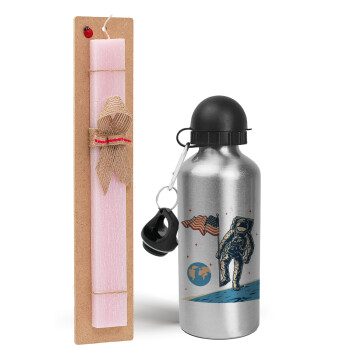 The first man on the moon, Easter Set, metallic Silver aluminum water bottle (500ml) & scented flat Easter candle (30cm) (PINK)