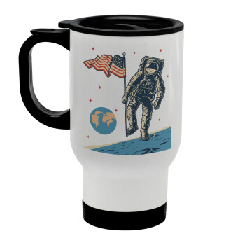 The first man on the moon, Stainless steel travel mug with lid, double wall white 450ml