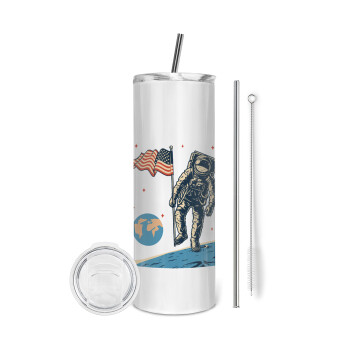 The first man on the moon, Eco friendly ποτήρι θερμό (tumbler) από ανοξείδωτο ατσάλι 600ml, με μεταλλικό καλαμάκι & βούρτσα καθαρισμού