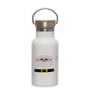 Metallic thermos (Stainless steel) White with wooden lid (bamboo), double-walled, 350ml