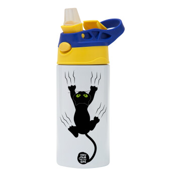 cat grabbing, Children's hot water bottle, stainless steel, with safety straw, green, blue (360ml) BPA FREE