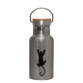 cat grabbing, Stainless steel metallic thermos flask, silver with a bamboo lid, double-walled, 350ml.