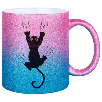 cat grabbing, Κούπα Χρυσή/Μπλε Glitter, κεραμική, 330ml