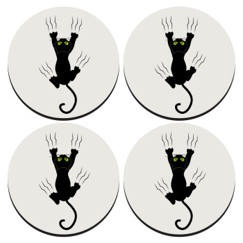 cat grabbing, SET of 4 round wooden coasters (9cm)