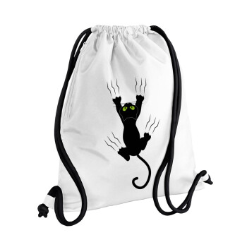 cat grabbing, Τσάντα πλάτης πουγκί GYMBAG λευκή, με τσέπη (40x48cm) & χονδρά κορδόνια