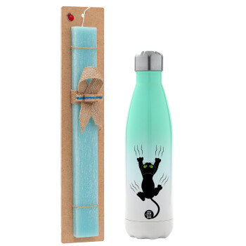 cat grabbing, Easter Set, Metallic green/white thermos (Stainless steel), double-walled, 500ml & scented flat Easter candle (30cm) (TURQUOISE)