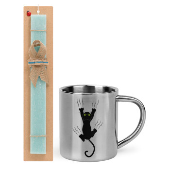 cat grabbing, Easter Set, metallic thermal cup (300ml) & aromatic flat Easter candle (30cm) (TURQUOISE)