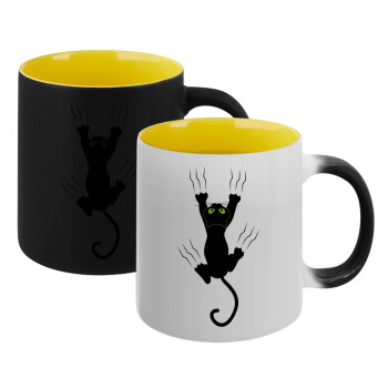 cat grabbing, Κούπα Μαγική εσωτερικό κίτρινη, κεραμική 330ml που αλλάζει χρώμα με το ζεστό ρόφημα (1 τεμάχιο)