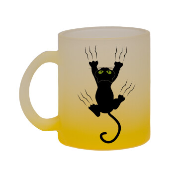 cat grabbing, Κούπα γυάλινη δίχρωμη με βάση το κίτρινο ματ, 330ml