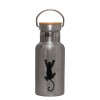 Stainless steel metallic thermos flask, silver with a bamboo lid, double-walled, 350ml.