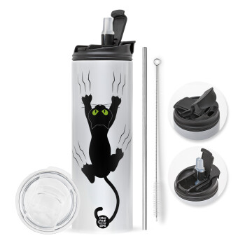 cat grabbing, Travel Tumbler 2 Lids, with metal straw & cleaning brush (Stainless steel 304 Food grade, BPA free, 600ml)