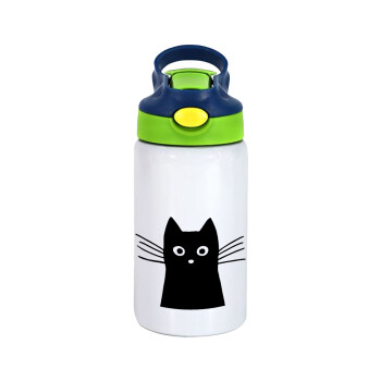 Black Cat, Children's hot water bottle, stainless steel, with safety straw, green, blue (350ml)