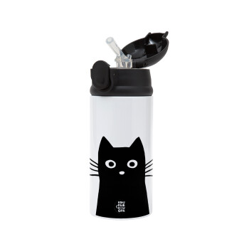 Black Cat, Children's hot water bottle, stainless steel, with safety straw, Black (360ml) BPA-FREE