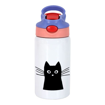 Μαύρη γάτα, Παιδικό παγούρι θερμό, ανοξείδωτο, με καλαμάκι ασφαλείας, ροζ/μωβ (350ml)