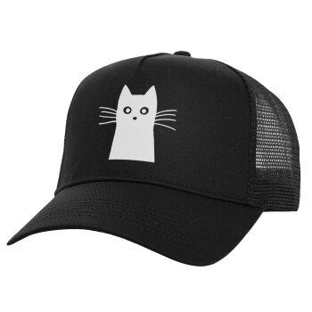 Black Cat, Structured Trucker Adult Hat, with Mesh, Black (100% COTTON, ADULT, UNISEX, ONE SIZE)