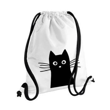Black Cat, Τσάντα πλάτης πουγκί GYMBAG λευκή, με τσέπη (40x48cm) & χονδρά κορδόνια