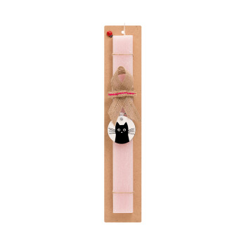 Black Cat, Easter Set, wooden keychain & scented flat Easter candle (30cm) (PINK)