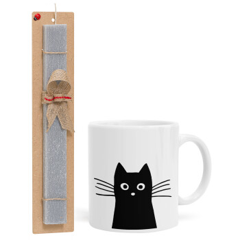 Black Cat, Easter Set, Ceramic Cup (330ml) & Easter aromatic flat candle (30cm) (GRAY)