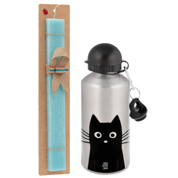 Black Cat, Easter Set, metallic silver aluminum water bottle (500ml) & scented flat Easter candle (30cm) (TURQUOISE)