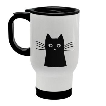Black Cat, Stainless steel travel mug with lid, double wall white 450ml