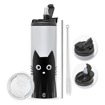 Black Cat, Travel Tumbler 2 Lids, with metal straw & cleaning brush (Stainless steel 304 Food grade, BPA free, 600ml)