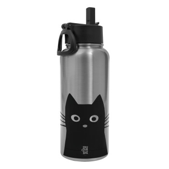 Black Cat, Metal mug thermo Silver with Straw and Spout Lid (Stainless steel), double wall, 950ml