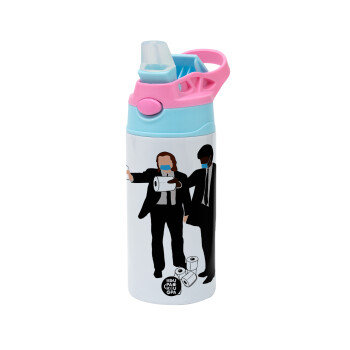 Pulp Fiction 3 meter away, Children's hot water bottle, stainless steel, with safety straw, Pink/BlueCiel (360ml) BPA FREE