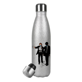 Pulp Fiction 3 meter away, Μεταλλικό παγούρι θερμός Glitter Aσημένιο (Stainless steel), διπλού τοιχώματος, 500ml