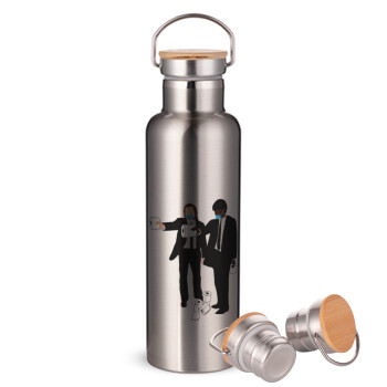 Pulp Fiction 3 meter away, Μεταλλικό παγούρι θερμός (Stainless steel) Ασημένιο με ξύλινο καπακι (bamboo), διπλού τοιχώματος, 750ml