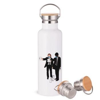 Pulp Fiction 3 meter away, Stainless steel White with wooden lid (bamboo), double wall, 750ml