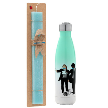 Pulp Fiction 3 meter away, Easter Set, Metallic green/white thermos (Stainless steel), double-walled, 500ml & scented flat Easter candle (30cm) (TURQUOISE)