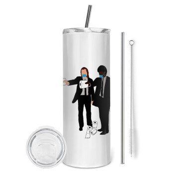 Pulp Fiction 3 meter away, Tumbler ποτήρι θερμό από ανοξείδωτο ατσάλι 600ml, με μεταλλικό καλαμάκι & βούρτσα καθαρισμού