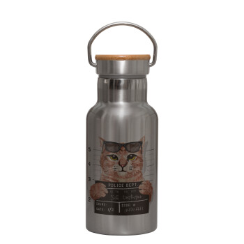 Cool cat, Stainless steel metallic thermos flask, silver with a bamboo lid, double-walled, 350ml.